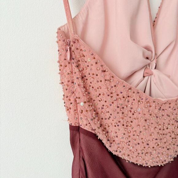 BCBGMaxAzria 100% Silk Beaded Halted Midi Dress Burgundy Pink Size 0 - Picture 5 of 6